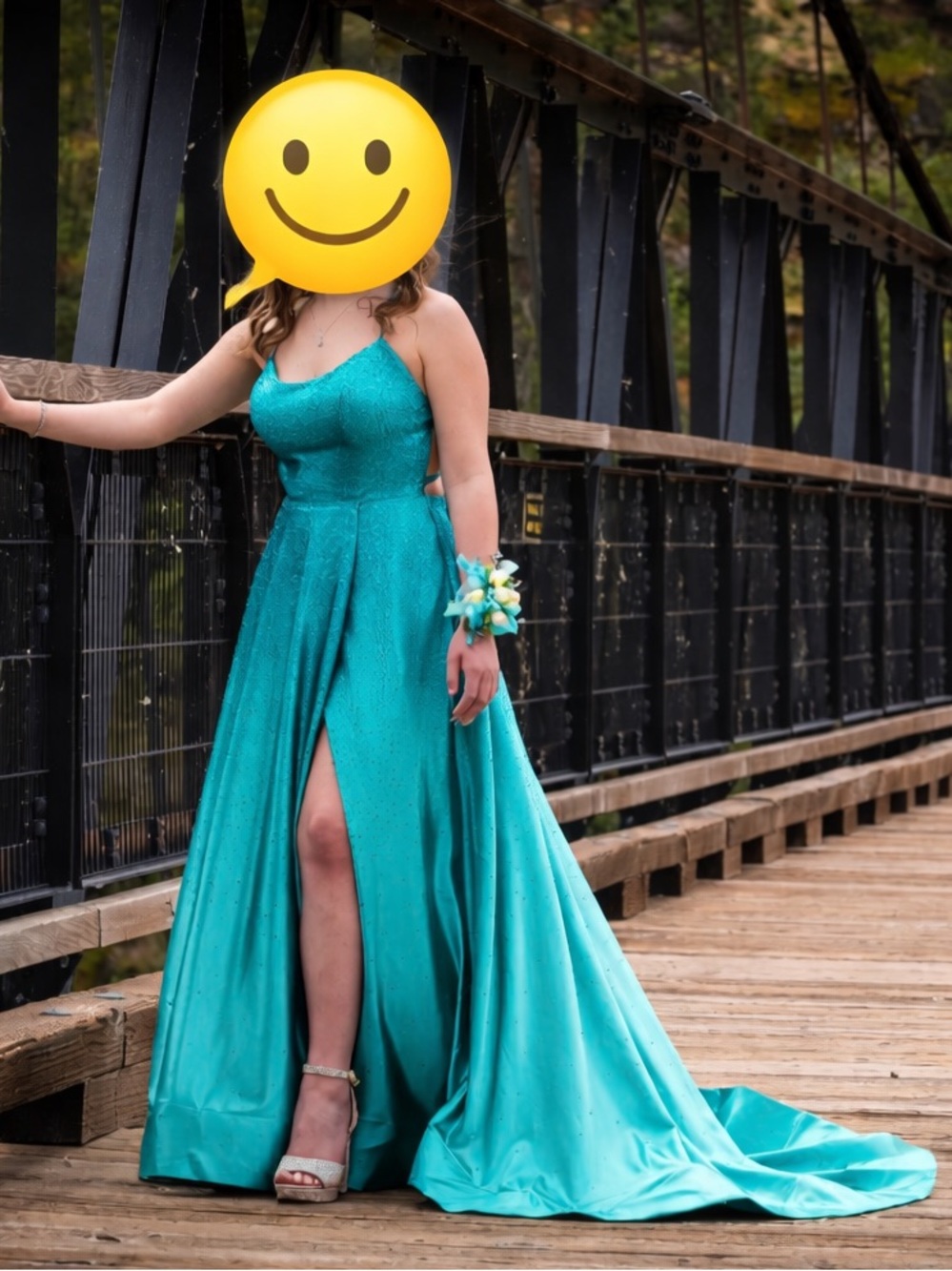 Sherri Hill Teal Satin Evening Gown 
True to size (6)  like new condition